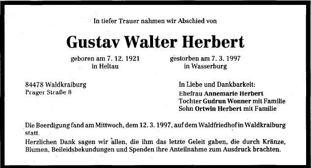 Herbert Gustav Walter 1921-1997 Todesanzeige